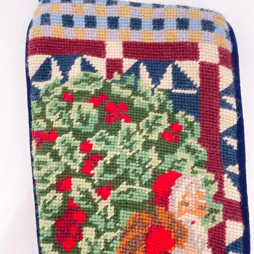 Vintage Needlepoint Christmas Stocking Santa Claus Reindeer Navy Velvet 19 inch